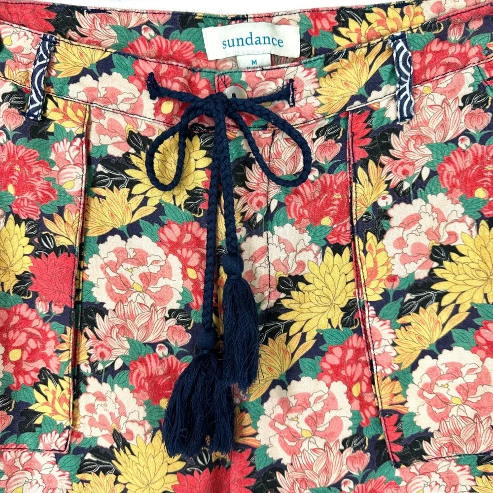 SUNDANCE Floral Kalil Shorts Cuffed Linen Cotton Boho Tassel Women's M Summer - Picture 2 of 6